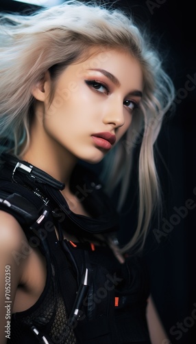 Portrait of a young Asian woman with blonde hair wearing a black outfit