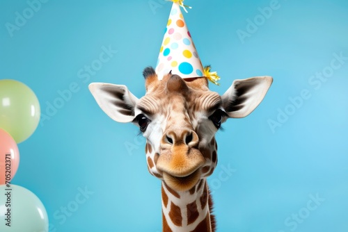 Giraffe in a party hat with colorful balloons in the background. Print for birthday invitations, cards, puzzles. © Anastasiya