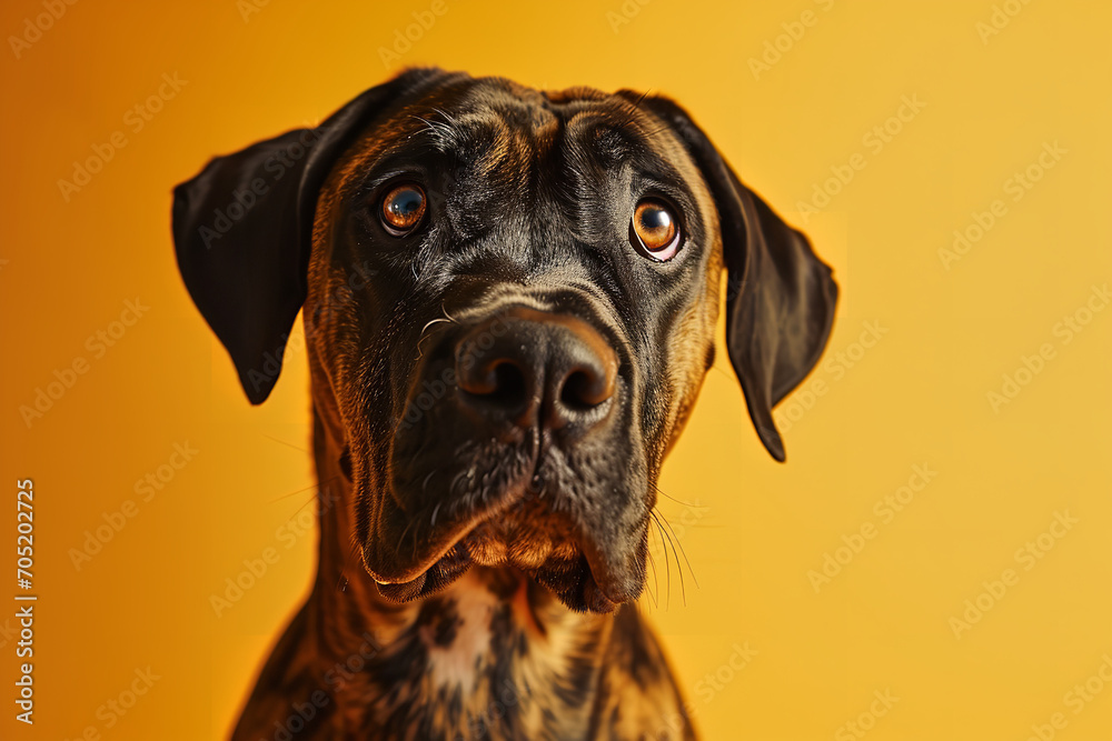 a dog looking to the camera in front of a yellow background