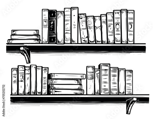 Books on the bookshelf. Hand drawn sketch illustration.