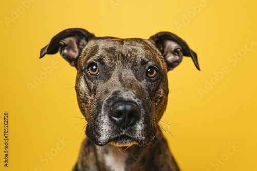 a dog looking to the camera in front of a yellow background