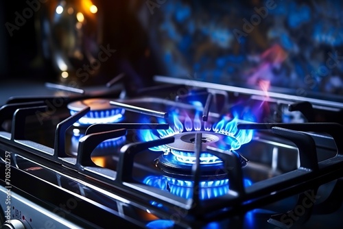 gas stove with burning blue flame