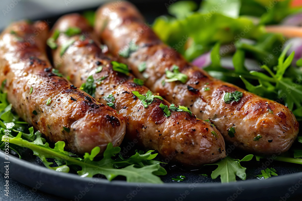 Close up shot of a homemade grilled mini sausages with green salads on the side, on the light background
