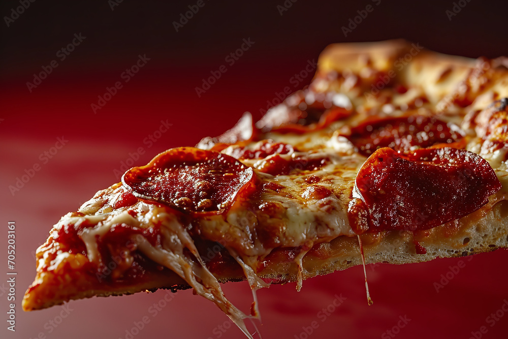 pepperoni pizza slice suspended against a vibrant red backdrop pepperoni pizza slice suspended against a vibrant red backdrop