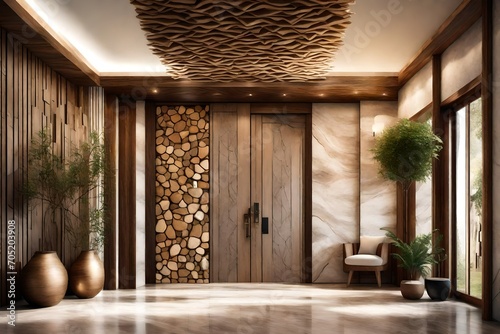 Rustic home interior design of modern entrance hall with door in chic villa  