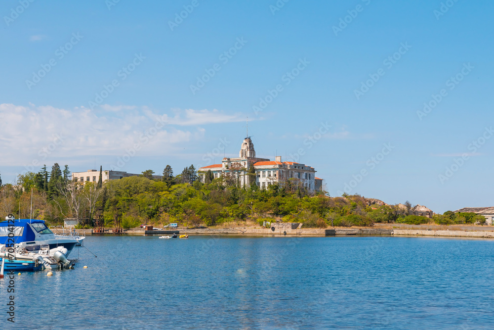 Buildings of Old Naval Academy in Sozopol city on Black Sea shore in Bulgaria