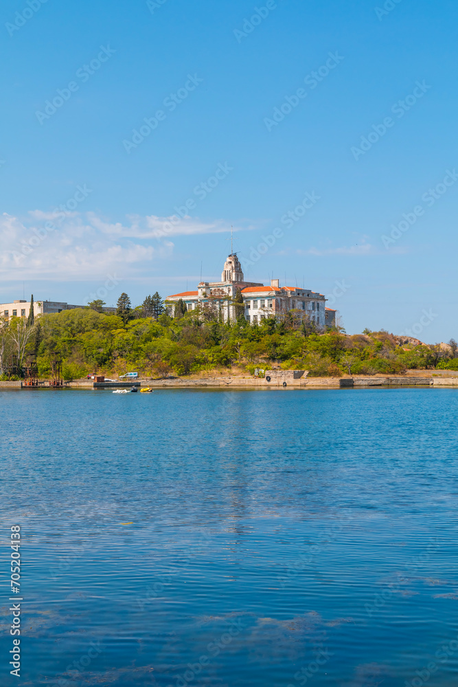 Fototapeta premium Buildings of Old Naval Academy in Sozopol city on Black Sea shore in Bulgaria