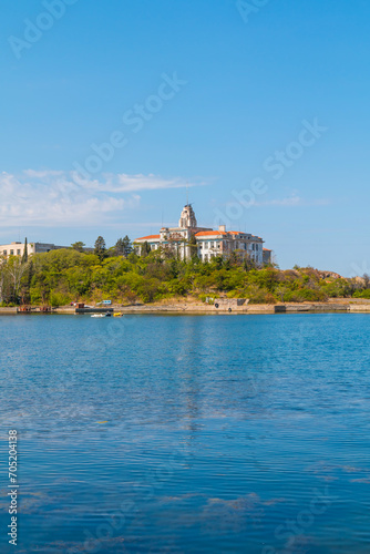 Buildings of Old Naval Academy in Sozopol city on Black Sea shore in Bulgaria