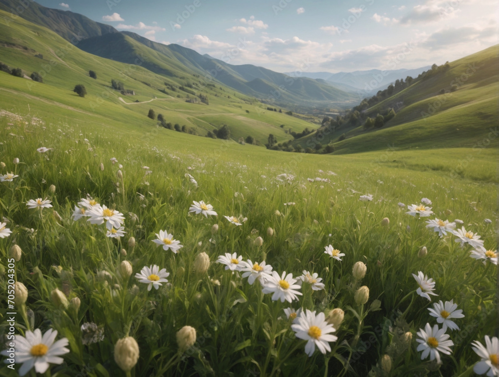 Paisaje verde con pequeñas flores blancas en un campo de hierba a lo lejos montañas verdes y nubes. Hermoso paisaje de primavera.