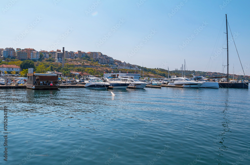 Sozopol, Bulgaria. A view of the seaside port with yachts and fishing boats. Vacation time.