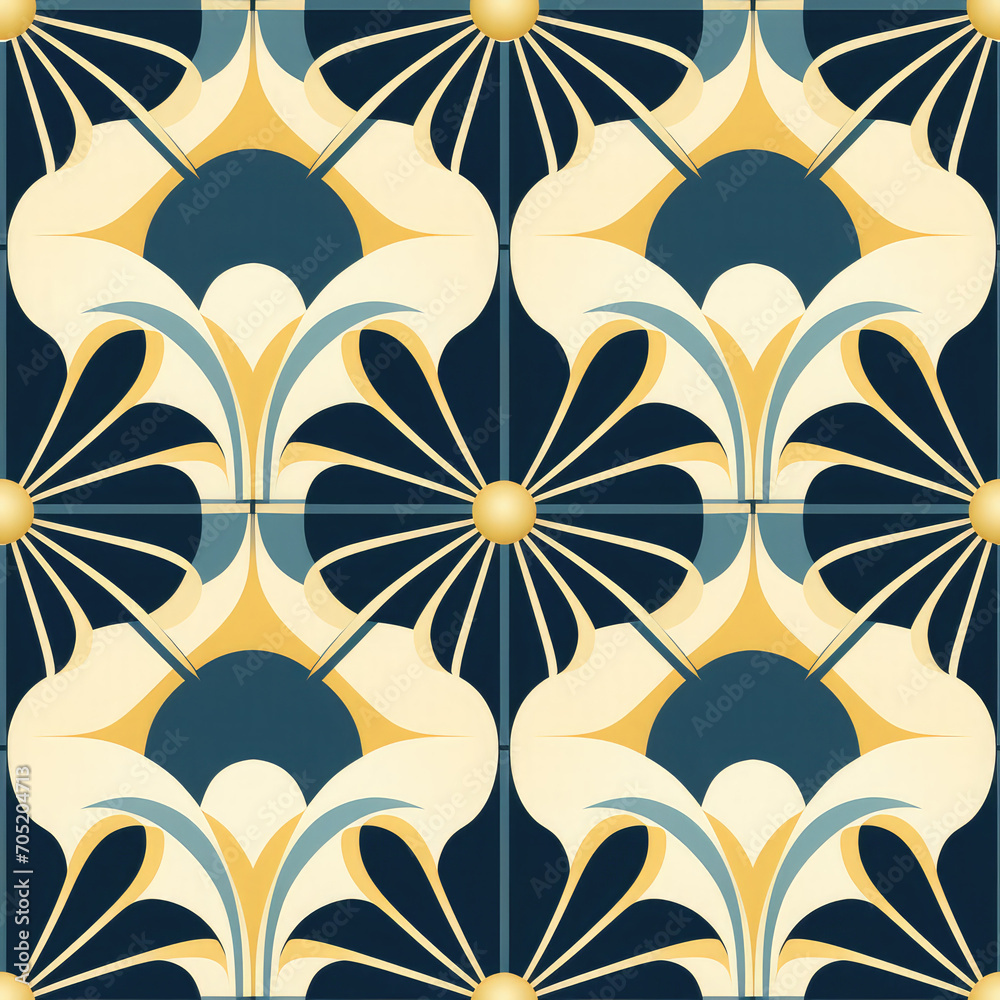 Simple Art Deco tiles symmetrical seamless pattern in vivid colors . Perfect for posters, brochure, coupon , flyer ,ad design, wallpaper or background.