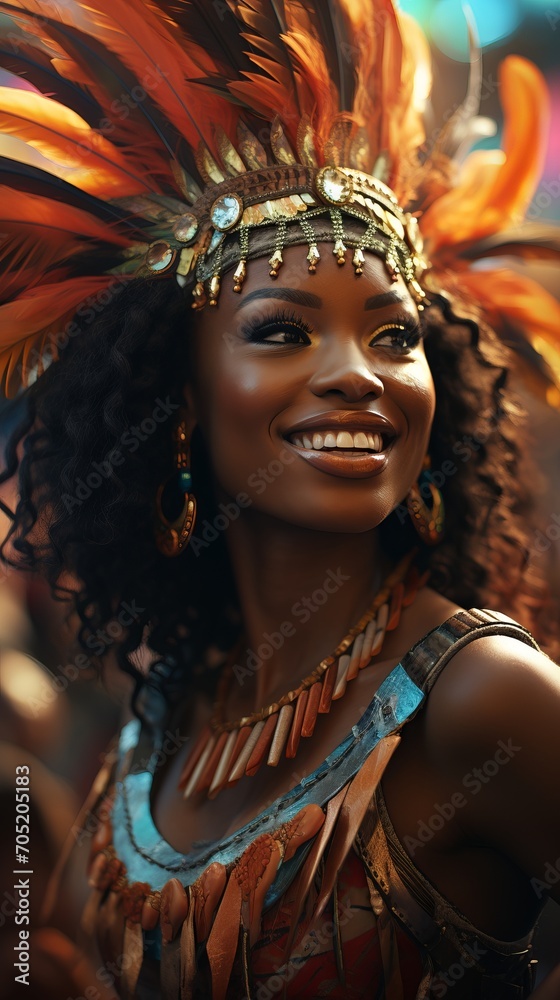 Portrait of beautiful brazilian woman wearing colorful Carnival costume during Carnaval street parade in city.