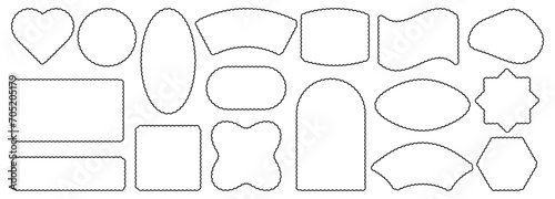 Set of stroke scallop frames for template. Futuristic shapes circle, square, heart, rectangle, flag, oval, arch. Outlines of the edge of the scallop. Vector.