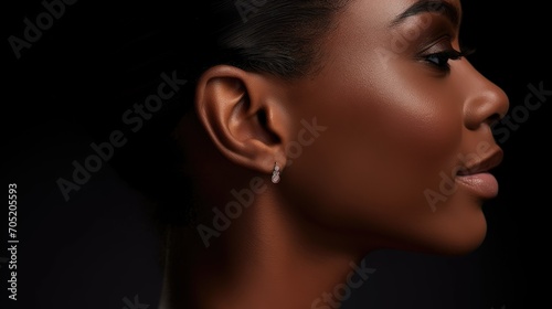 closeup view of a black female ear, emphasizing the beauty in details. This image invites appreciation for the unique features, skin, and elegance.