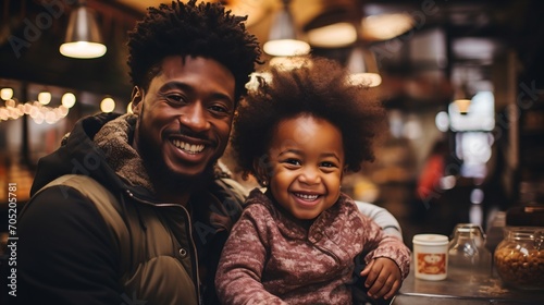 Happy African American father and daughter smiling together in a restaurant