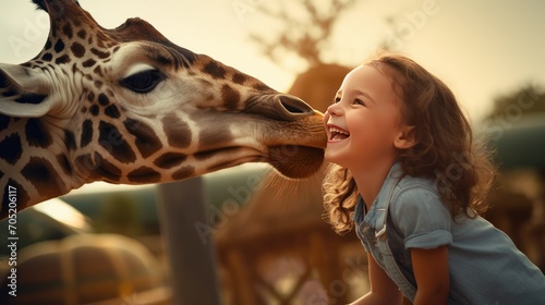 happy child having fun with safari park animals, especially a giraffe, on a warm summer day © pvl0707