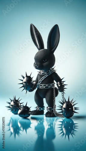 Punk rock black Easter bunny in chains, spiky eggs, on a gentle blue background, dark yet soft theme. 