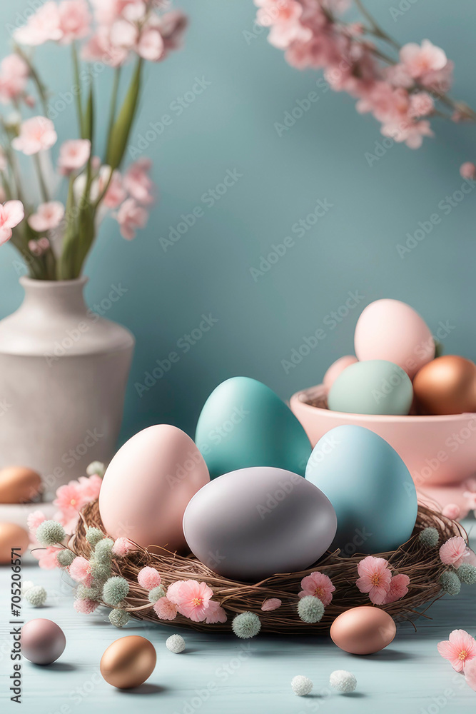 Celebrating Easter, holiday greeting card mockup with flowers and colored eggs. Celebrating Easter, holiday greeting card mockup with flowers and colored eggs.