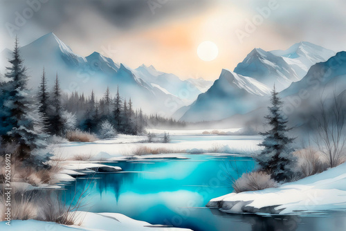 Winter landscape in retro style. Beautiful watercolors of a winter lake between high mountains.