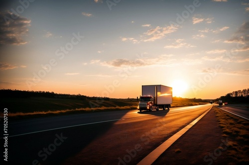 Truck driving on the road at sunset. Concept of logistics and transportation © Евгений Порохин