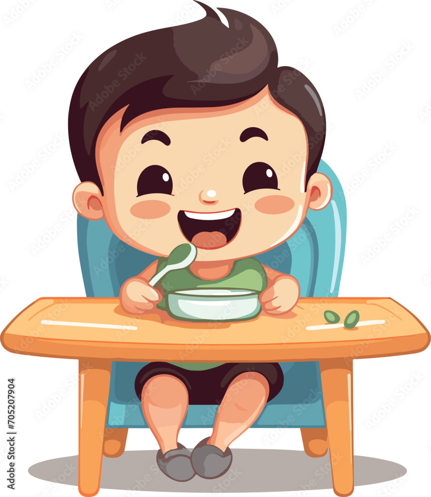Cute baby sits on a high chair and eat with a spoon. Feeding baby sitting on a chair. Vector illustration. Сartoon style illustration. Cute baby sits on a high chair and eat with a spoon. Feeding baby sitting on a chair. Vector illustration. Сartoon style illustration.