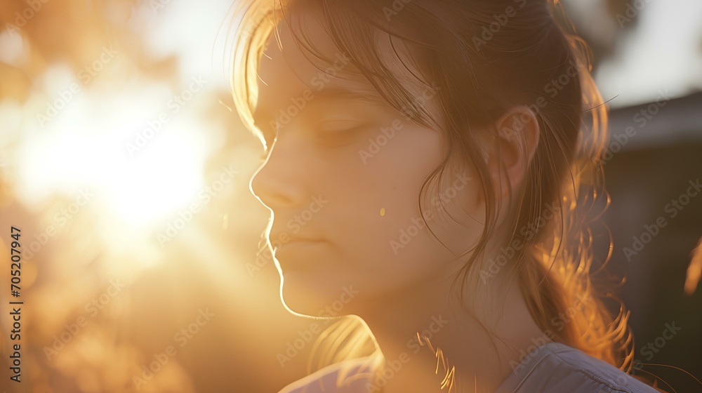 A woman who closes her eyes feeling comfortable and calm in the light of the cozy and soft sunset. generative AI A woman who closes her eyes feeling comfortable and calm in the light of the cozy and soft sunset. generative AI