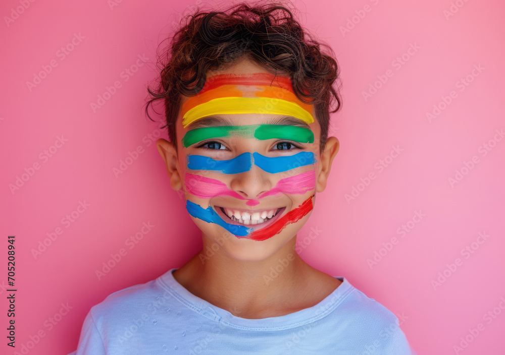 Full-body view: A boy painted on his face, sporting the rainbow transgender flag at the Pride festival. Full-body view: A boy painted on his face, sporting the rainbow transgender flag at the Pride festival.