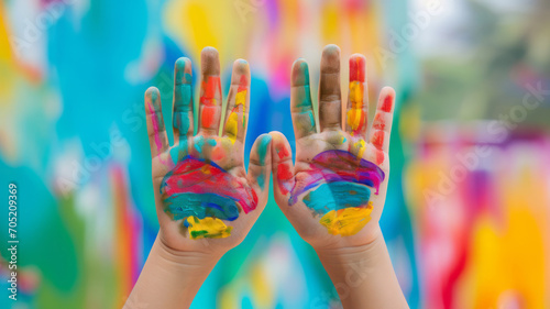 A young woman displays her hands painted with vibrant colors against a colorful background. The concept captures creativity and expression in artistic representation, creating a vivid and lively portr photo