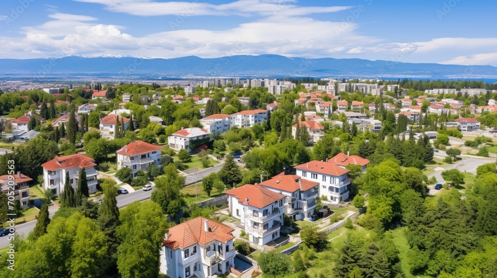 Panoramic view of a small European city with a mountain range in the background