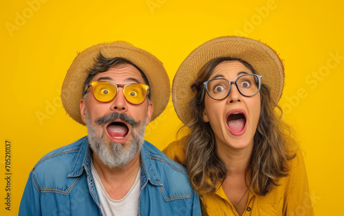 Middle age couple isolated on yellow background with surprise facial expression. photo