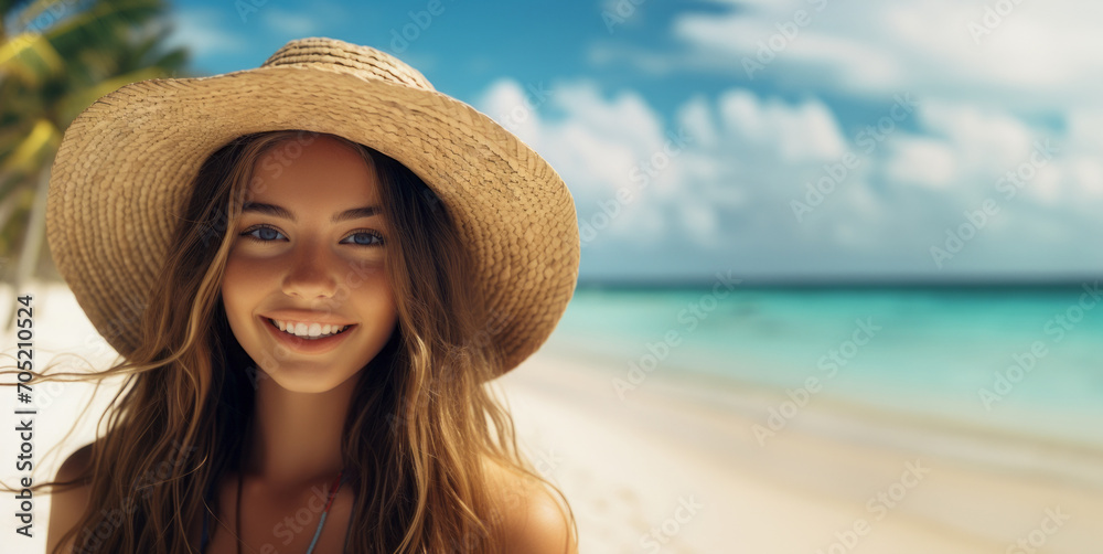 Атрактивна дугокоса жена се опушта на тропској плажи.