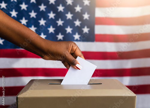 American Presidential election concept of hand voting in a USA Ballot Box photo
