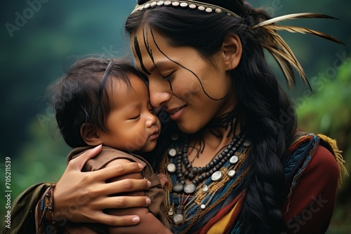 a loving Ecuadorian mother proudly holding her son in her arms photo