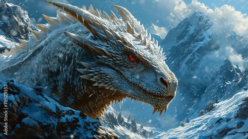 Portrauit of white fantasy dragon. Beautiful snowy mountains background