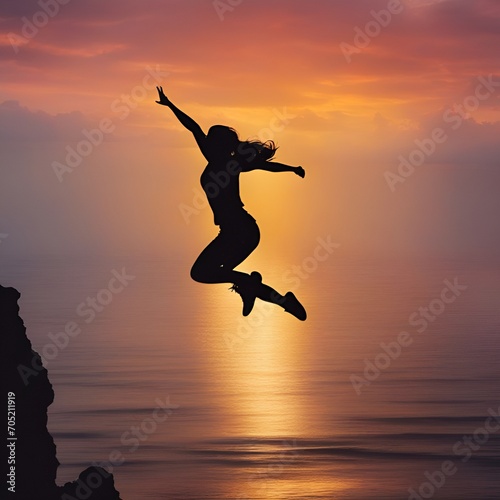 Woman jump happy new year 2024 concept  silhouette of woman jumping over barrier cliff and success with beautiful sunset background.