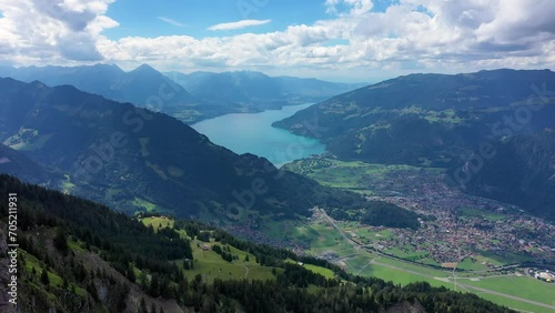 Beautiful Lake Brienz view from Schynige Platte trail in Bernese Oberland, Canton of Bern, Switzerland. Popular mountain in the Swiss Alps called Schynige Platte in Switzerland, aerial view. photo