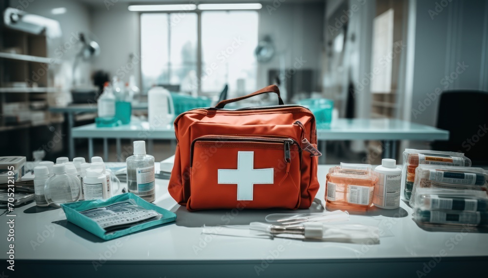 First Aid Kit on Table, Essential Medical Supplies in a Convenient Package First Aid Kit on Table, Essential Medical Supplies in a Convenient Package