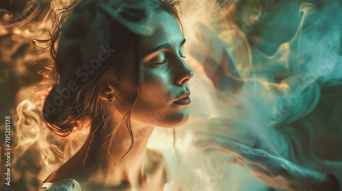 A beautiful young woman is captivated by a mystical spell, surrounded by ethereal wisps of smoke photo