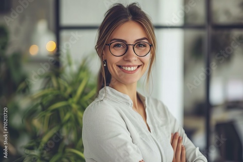 Gözlük ve beyaz gömlek giyen genç sarışın profesyonel iş kadını gülümsüyor. Mutlu ofis çalışanı photo