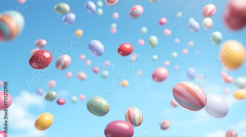 Banner with close up colored Easter eggs flying in the air on blue background