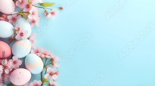 Colorful Easter eggs and blooming pink flowers on light blue background  copy space