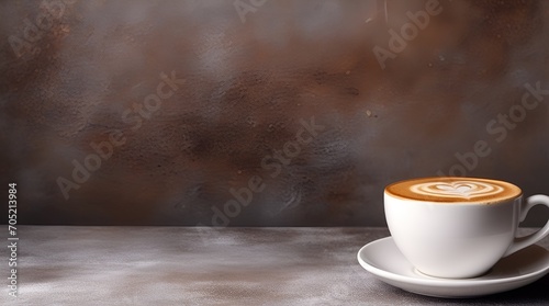 Cup of cappuccino on the table, gray and brown background, copy space