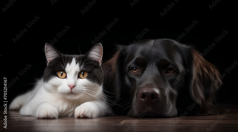 white cat and black dog lying together on the floor. Banner with pets on black background. white cat and black dog lying together on the floor. Banner with pets on black background.