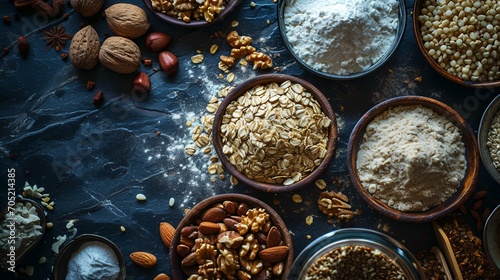 Bowls with different types of nuts and flour on a dark background