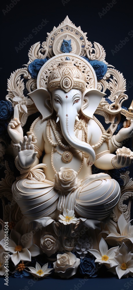 White and blue 3D rendering of Hindu god Ganesha sitting on a lotus flower White and blue 3D rendering of Hindu god Ganesha sitting on a lotus flower