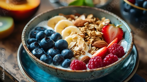 Healthy breakfast bowl with oatmeal, berries, fruits and nuts
