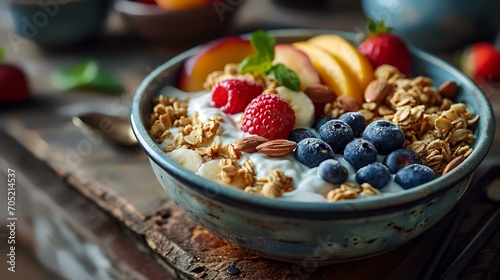 Healthy breakfast with yogurt, berries, and granola, selective focus
