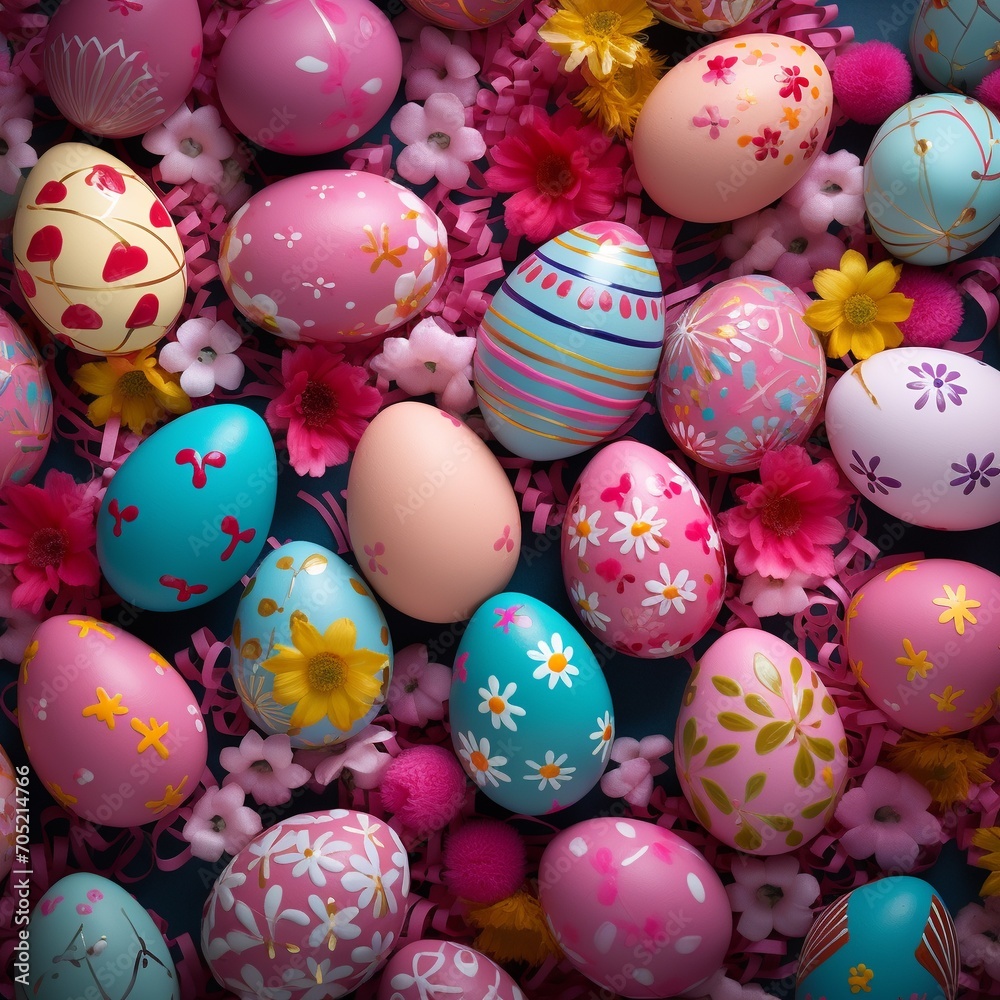 Colorful easter eggs and flowers on a dark blue background. AI.