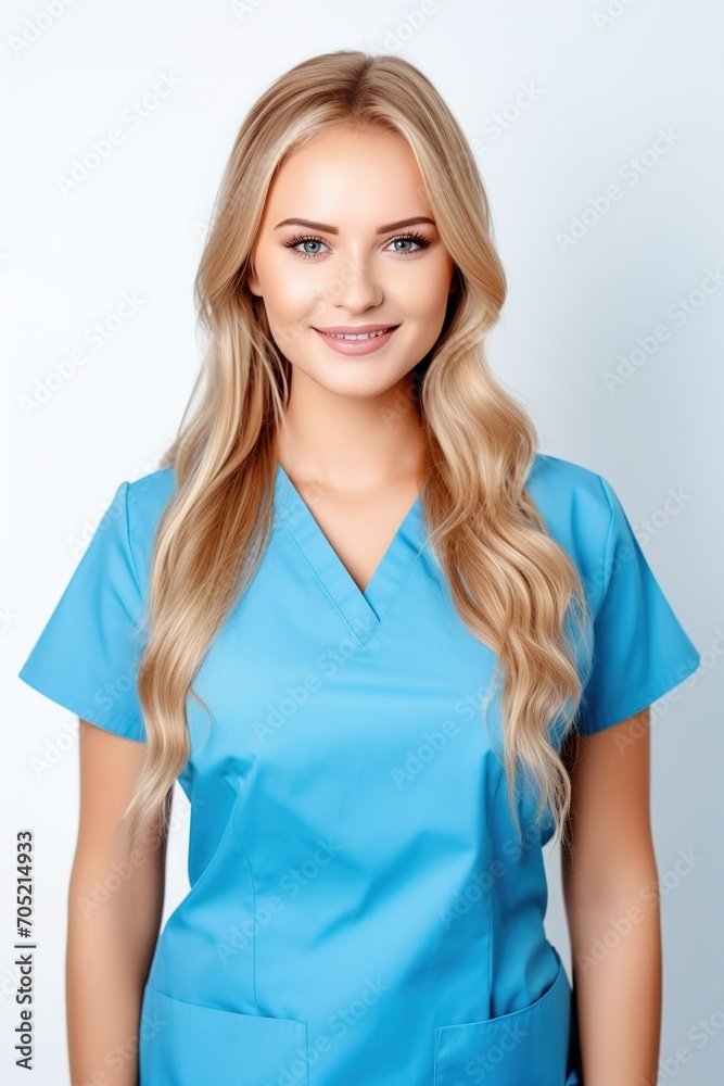 Portrait of a smiling female doctor or nurse in blue uniform Portrait of a smiling female doctor or nurse in blue uniform