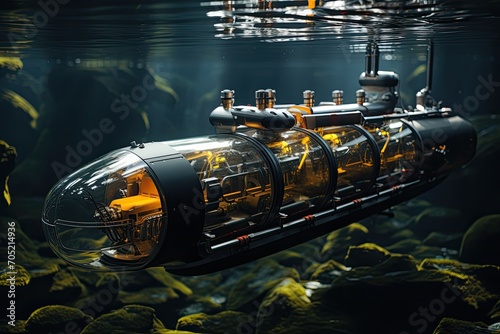 Silver submarine transports supplies under ocean depths to offshore platforms., generative IA